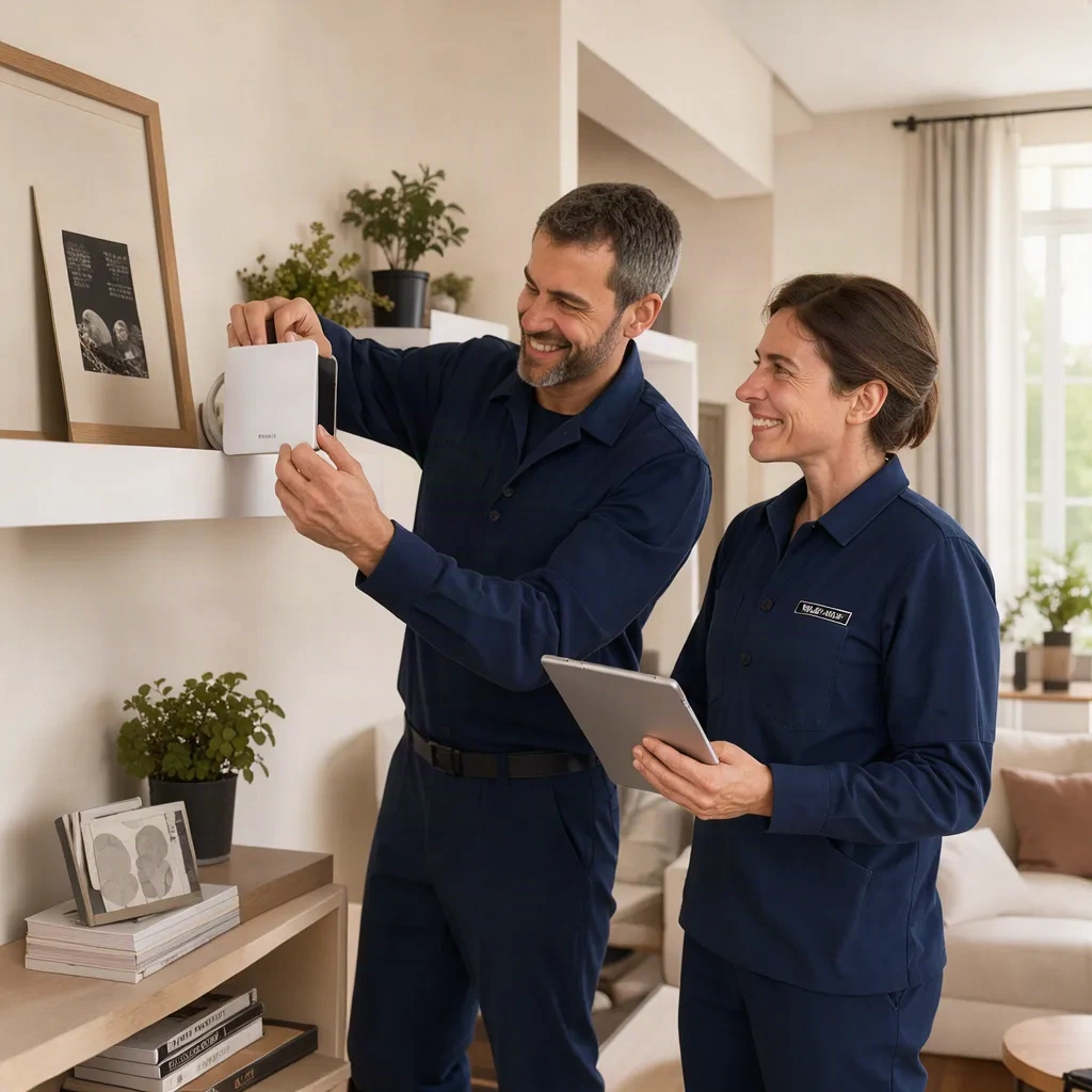 Techniciens installant un hub dans un salon