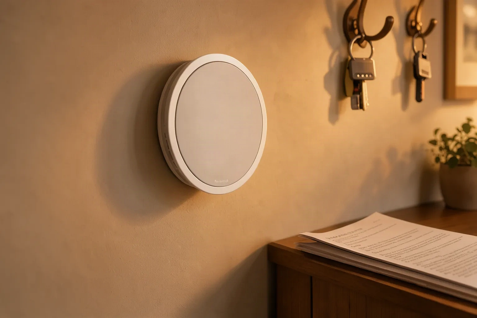 Thermostat connecté au mur dans une lumière dorée de fin de journée