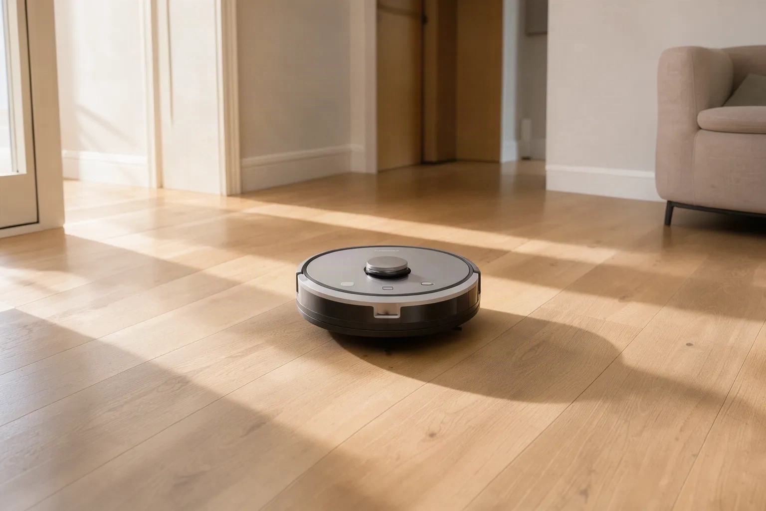 Robot aspirateur circulant dans un couloir lumineux