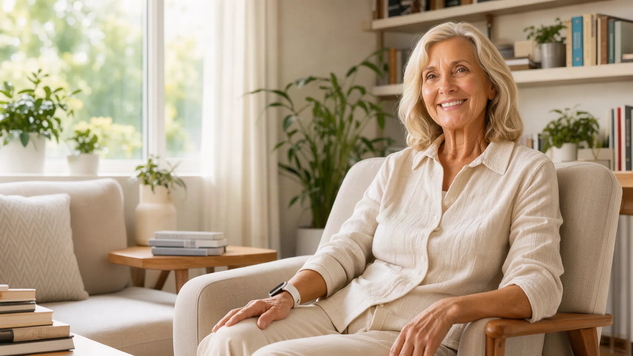 Senior souriante portant un bracelet d'assistance dans son salon lumineux