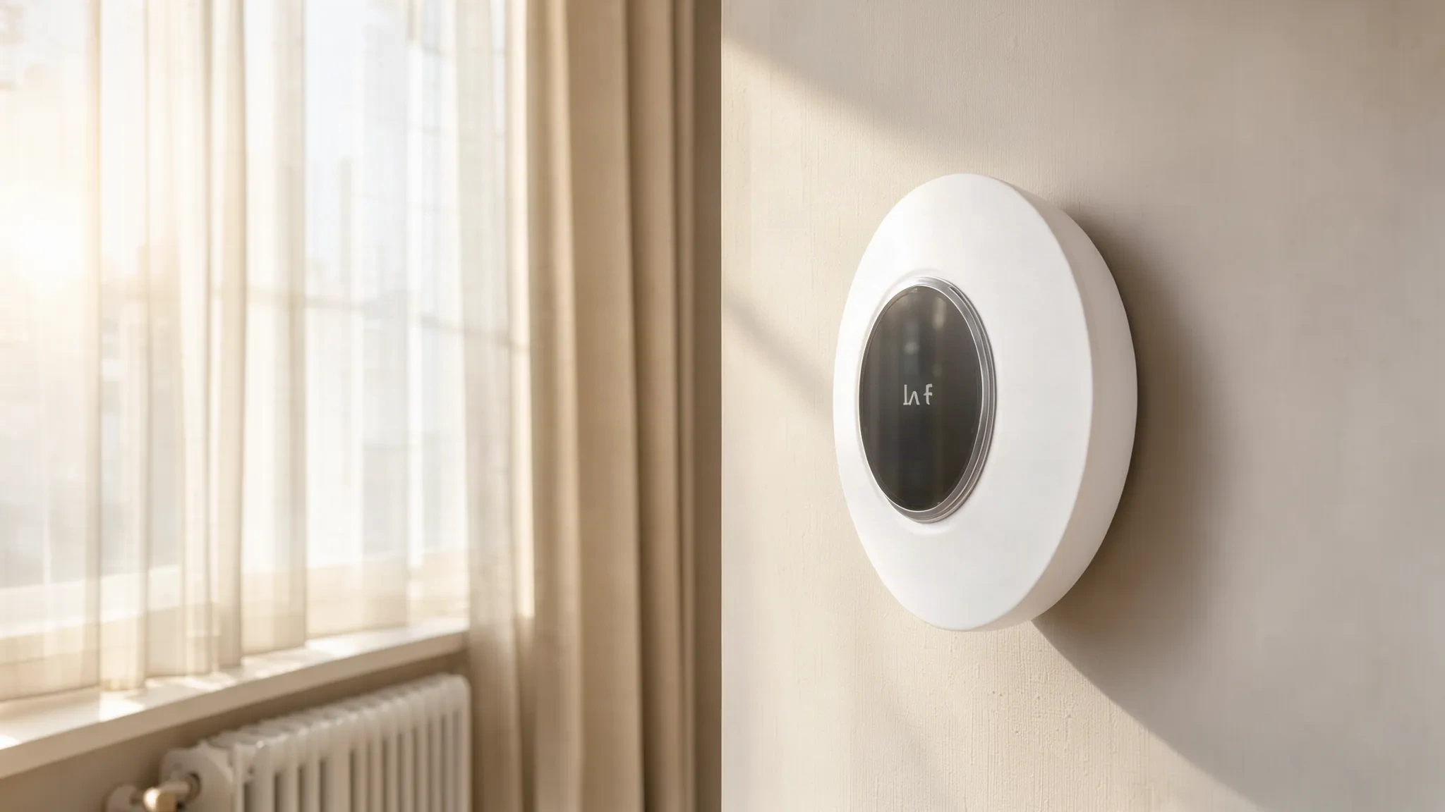 Thermostat connecté monté au mur dans un intérieur lumineux